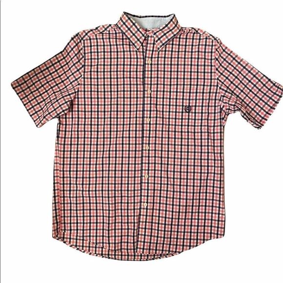 Chaps Shirt Mens Medium Size M Pink Blue Gingham‎ Short Sleeve Button Down Shirt - Picture 1 of 4